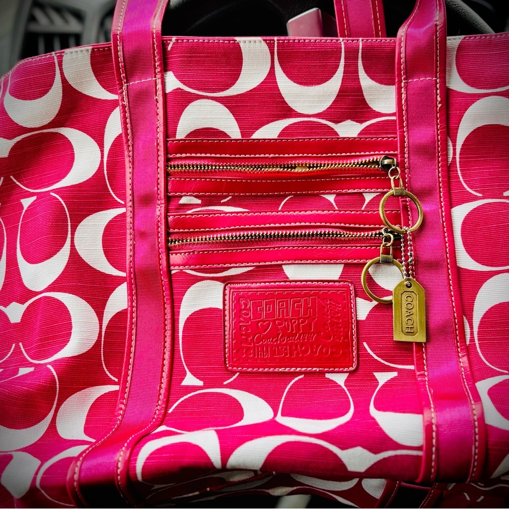 Coach Hot Pink and White Signature Tote with Gold Hardware